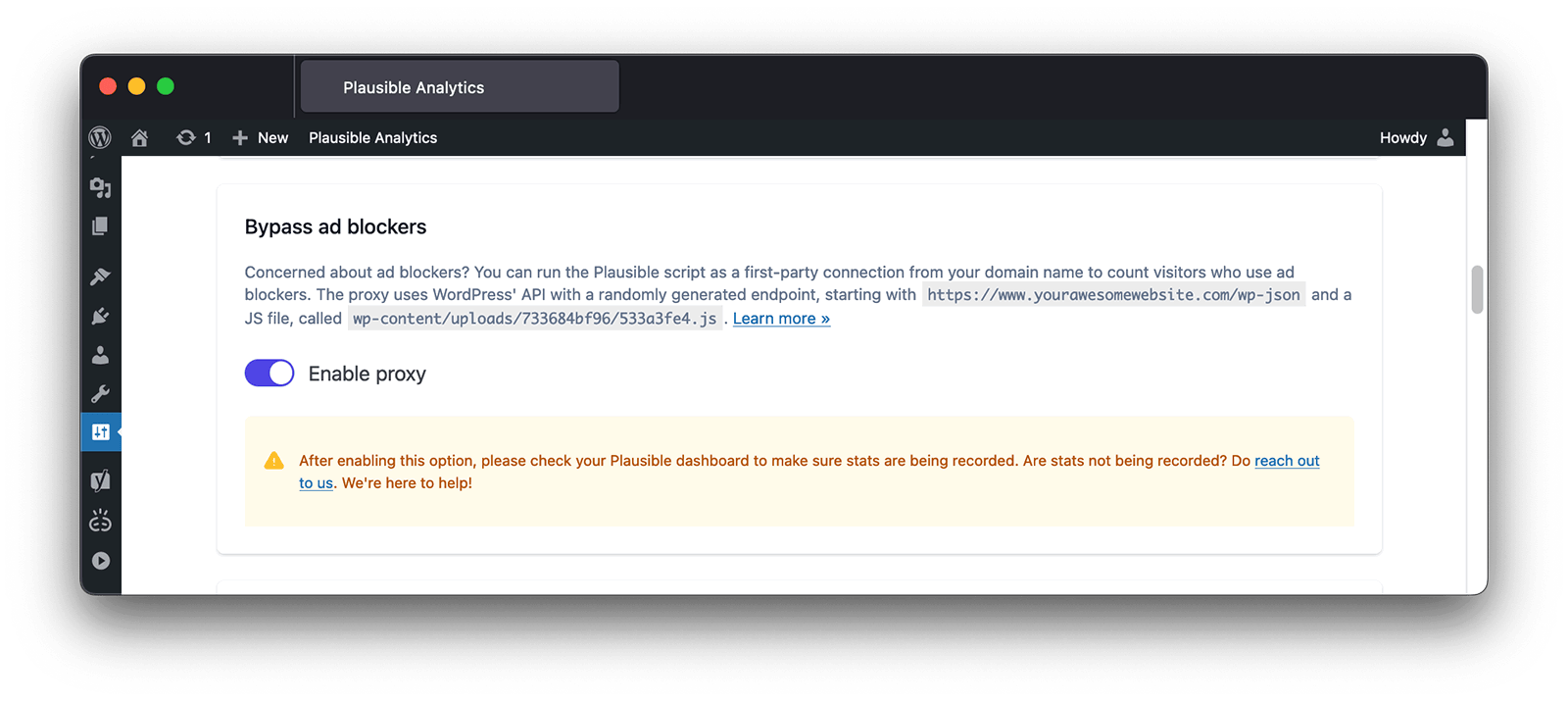 Enable the proxy in the Plausible WordPress plugin