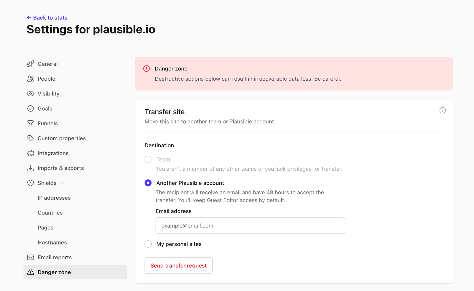 Transfer ownership of a site to a team