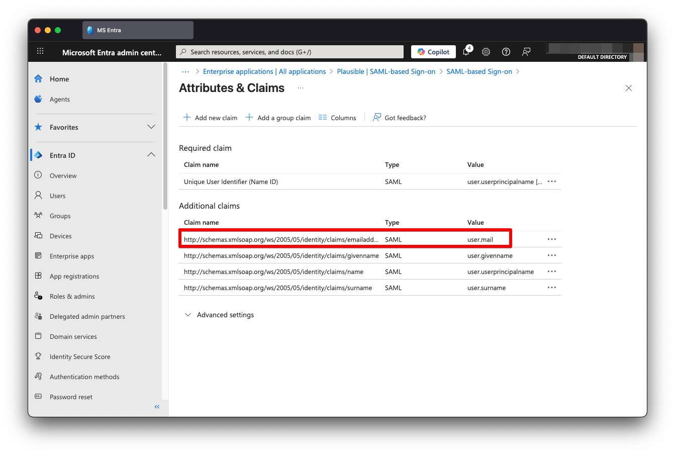 MS Entra email claim click