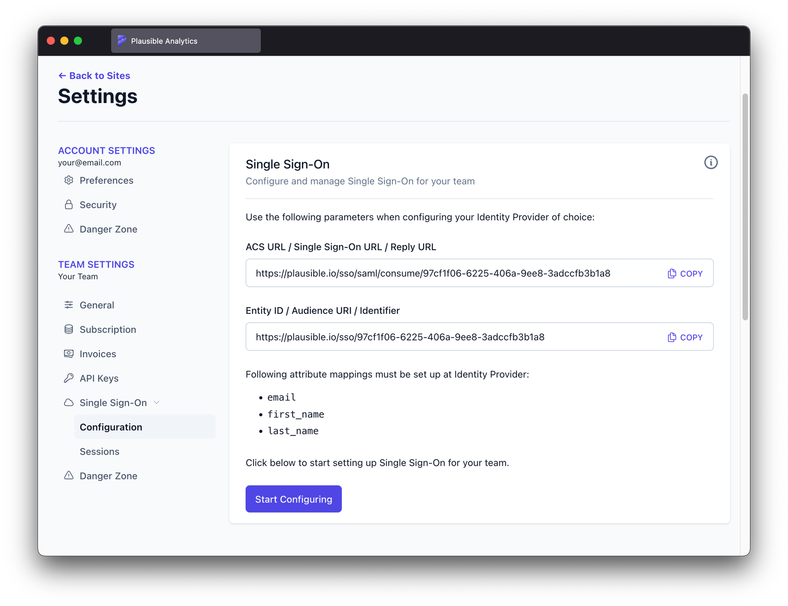 SSO configuration parameters for IdP
